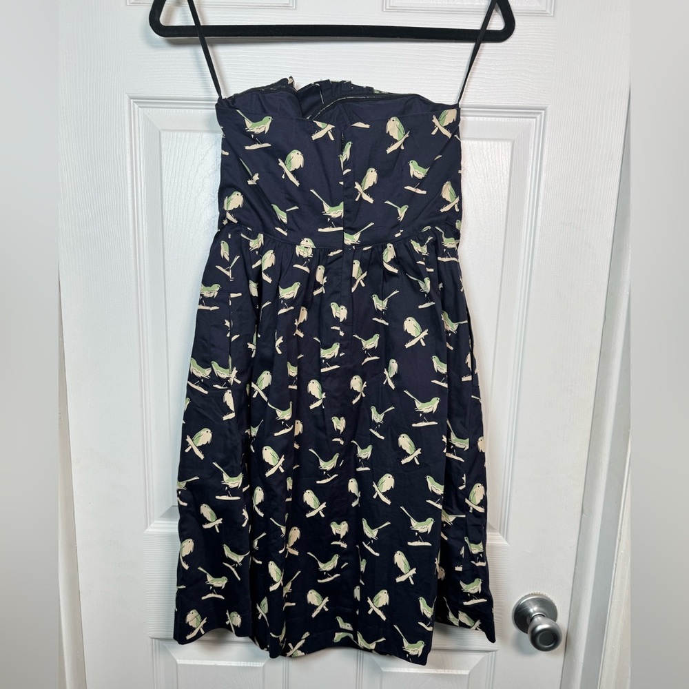 Anthro Porridge Bird Print Strapless Mini Dress Navy Cotton Size 4 - Picture 5 of 6